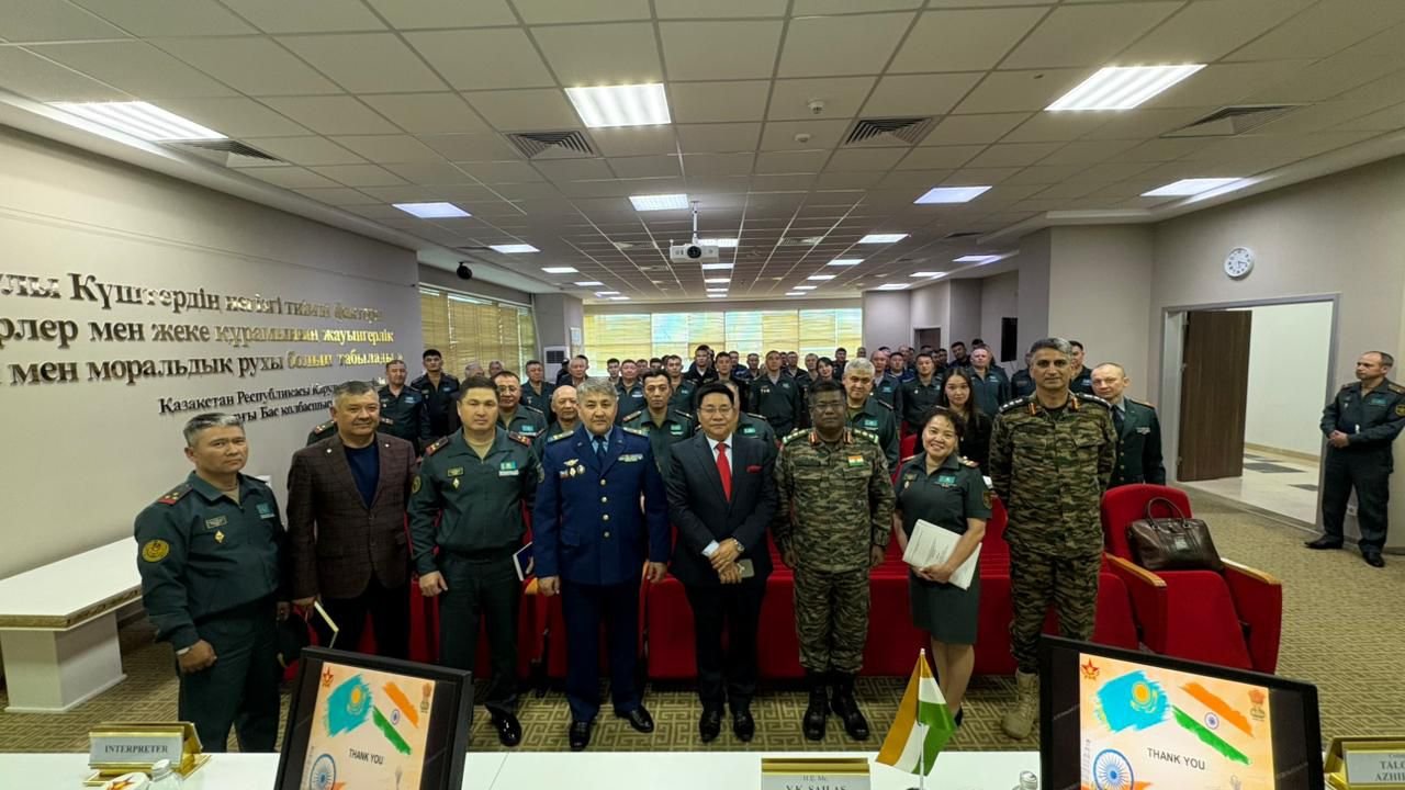 Meeting of Ambassador Y.K. Sailas Thangal with the Deputy Head of the National Defence University Mr. Talgat Azhibayev in Astana on May 28, 2026 during his visit to the KNDU to deliver a speech