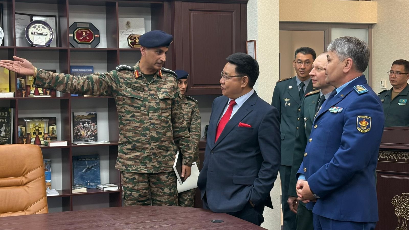 Meeting of Ambassador Y.K. Sailas Thangal with the Deputy Head of the National Defence University Mr. Talgat Azhibayev in Astana on May 28, 2026 during his visit to the KNDU to deliver a speech