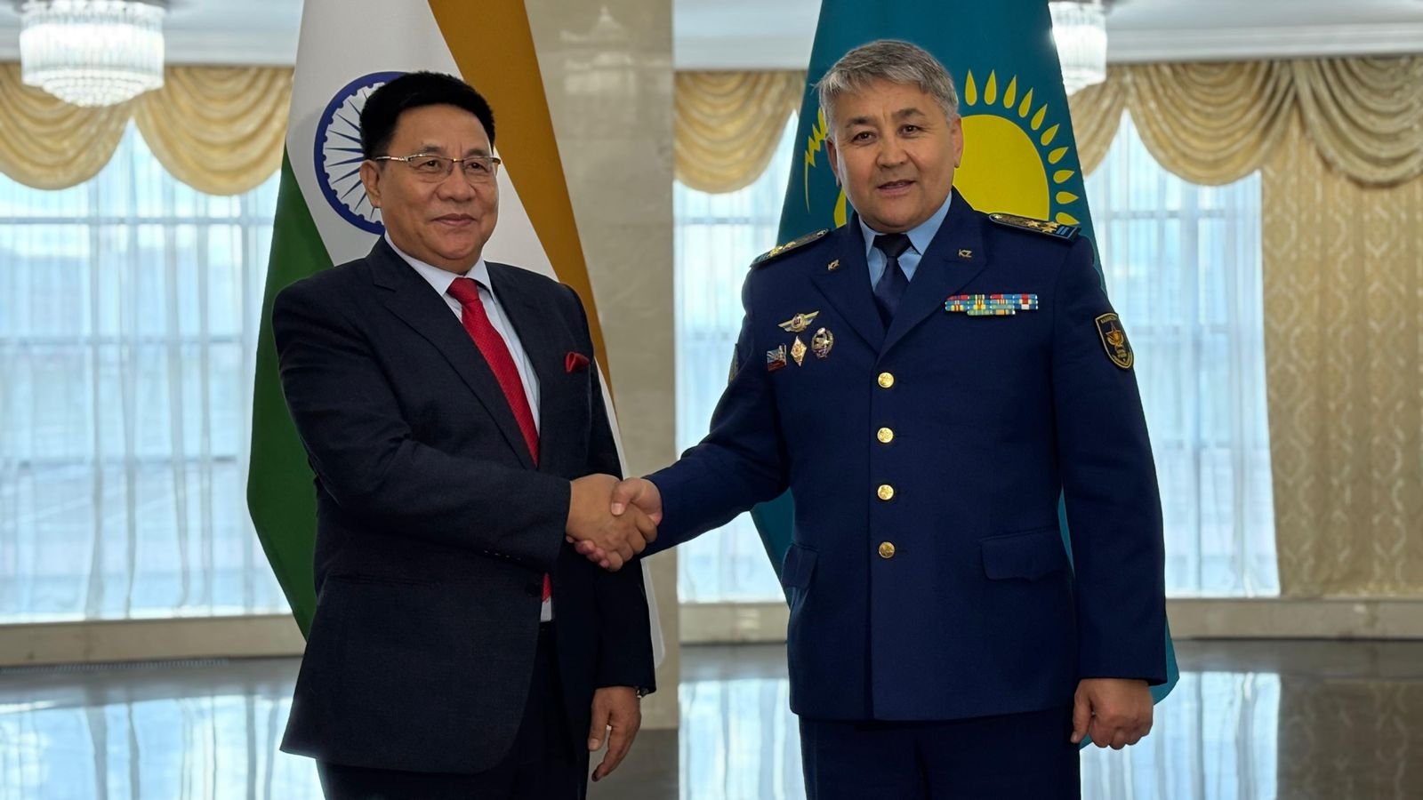 Meeting of Ambassador Y.K. Sailas Thangal with the Deputy Head of the National Defence University Mr. Talgat Azhibayev in Astana on May 28, 2026 during his visit to the KNDU to deliver a speech